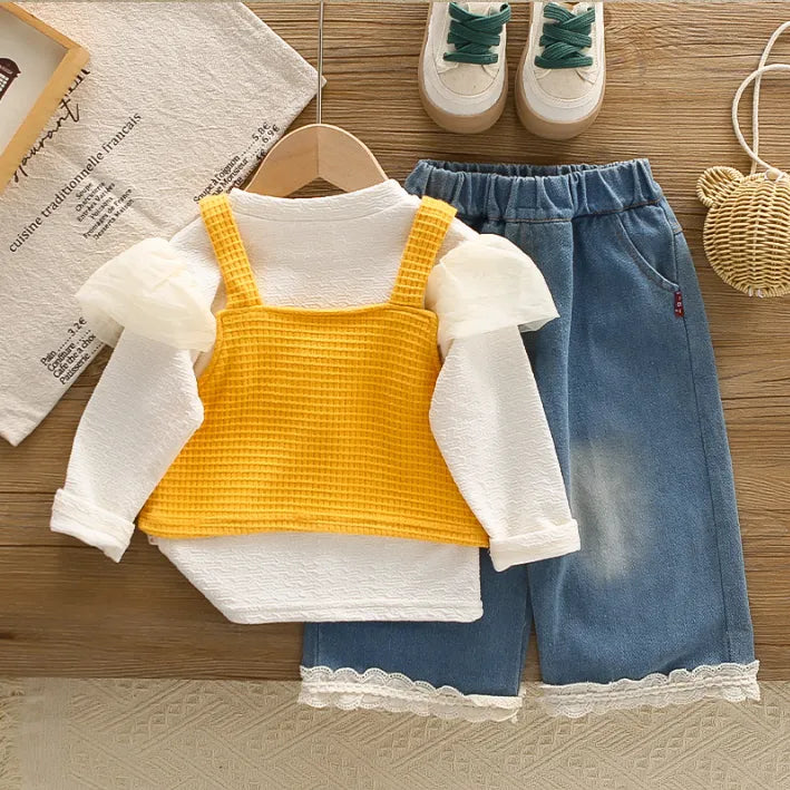 Kız Çocuk 1-5 Yaş Papatya Detaylı 3 Parça Takım-Sarı ve Pembe