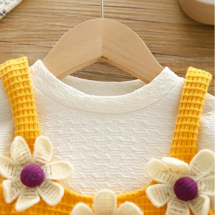 Kız Çocuk 1-5 Yaş Papatya Detaylı 3 Parça Takım-Sarı ve Pembe