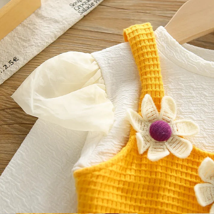 Kız Çocuk 1-5 Yaş Papatya Detaylı 3 Parça Takım-Sarı ve Pembe