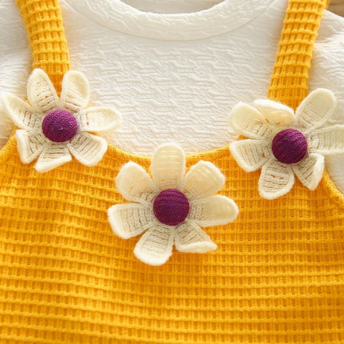 Kız Çocuk 1-5 Yaş Papatya Detaylı 3 Parça Takım-Sarı ve Pembe