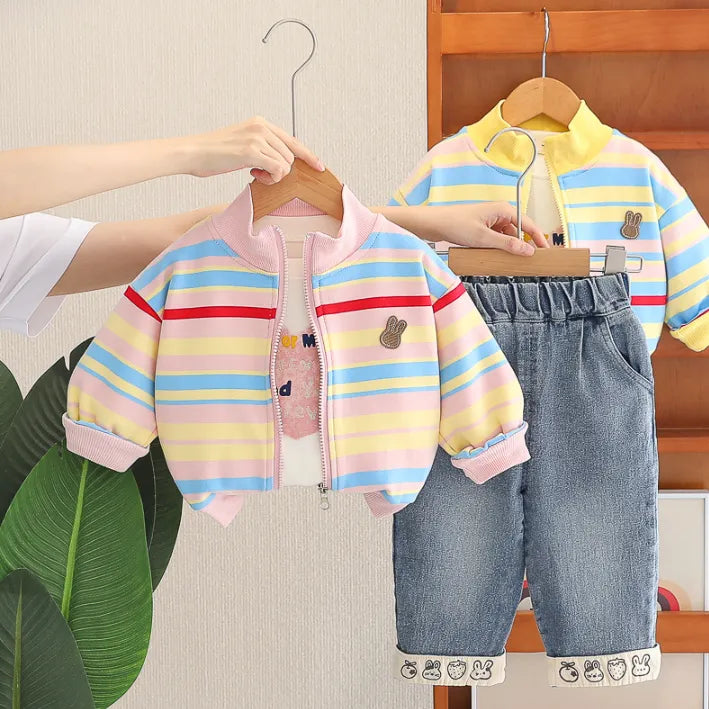 3 Parça 1-5 Yaş Unisex Renkli Çizgili Çocuk Takımı