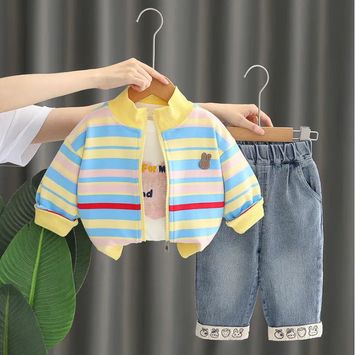 3 Parça 1-5 Yaş Unisex Renkli Çizgili Çocuk Takımı