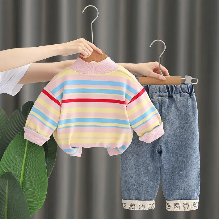 3 Parça 1-5 Yaş Unisex Renkli Çizgili Çocuk Takımı