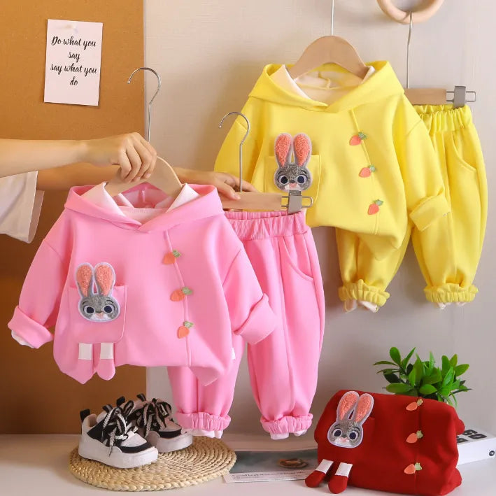 2 Parça 1-5 Yaş Kız Tavşan Desenli Kapüşonlu Çocuk Takımı (3 Renk)