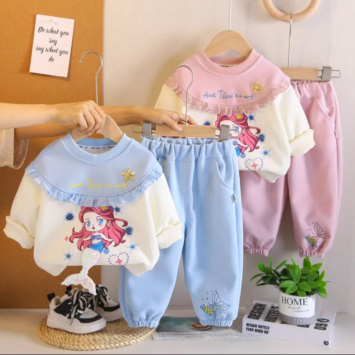 2 Parça 1-5 Yaş Kız Denizkızı Desenli Fırfırlı Çocuk Takımı (2 Renk)