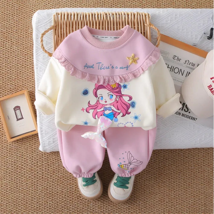 2 Parça 1-5 Yaş Kız Denizkızı Desenli Fırfırlı Çocuk Takımı (2 Renk)