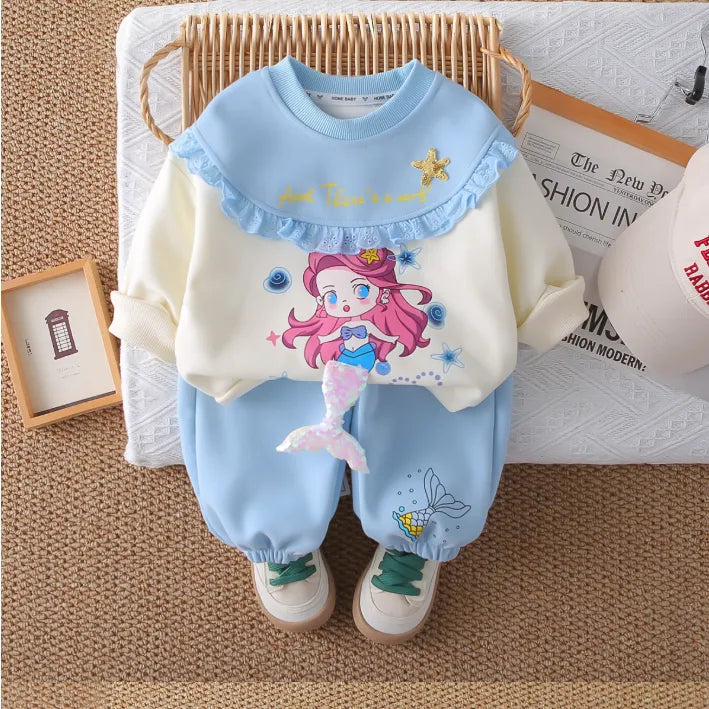 2 Parça 1-5 Yaş Kız Denizkızı Desenli Fırfırlı Çocuk Takımı (2 Renk)