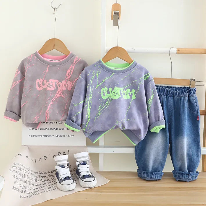 2 Parça 1-5 Yaş Unisex Renkli Desenli Sweat ve Kot Pantolon Çocuk Takımı