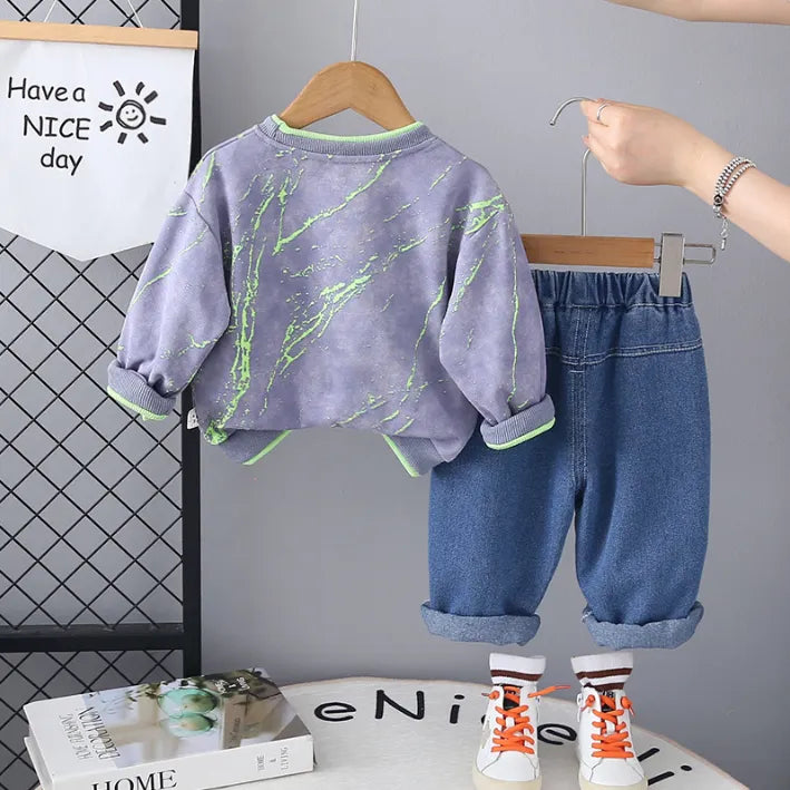 2 Parça 1-5 Yaş Unisex Renkli Desenli Sweat ve Kot Pantolon Çocuk Takımı