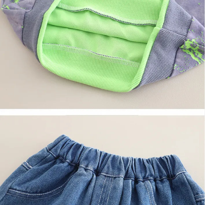 2 Parça 1-5 Yaş Unisex Renkli Desenli Sweat ve Kot Pantolon Çocuk Takımı