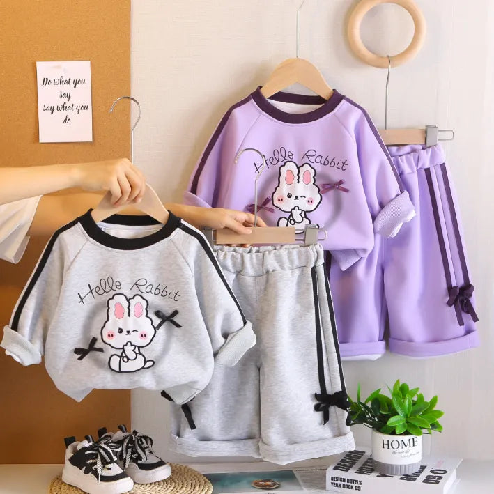2 Parça 1-5 Yaş Unisex Hello Rabbit Desenli Uzun Kollu Çocuk Takımı (2 Renk)