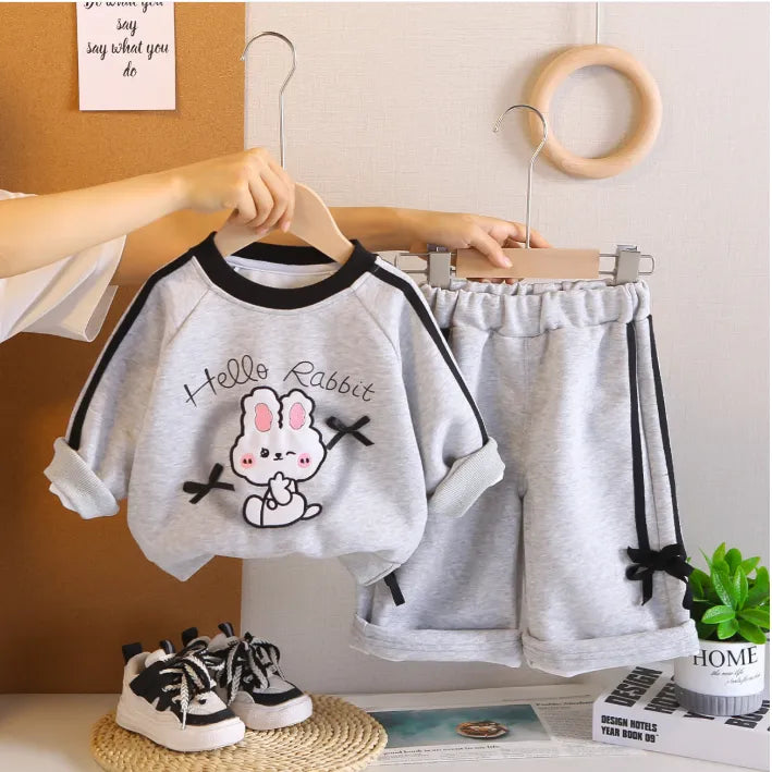 2 Parça 1-5 Yaş Unisex Hello Rabbit Desenli Uzun Kollu Çocuk Takımı (2 Renk)