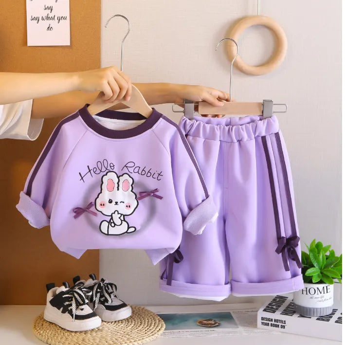 2 Parça 1-5 Yaş Unisex Hello Rabbit Desenli Uzun Kollu Çocuk Takımı (2 Renk)
