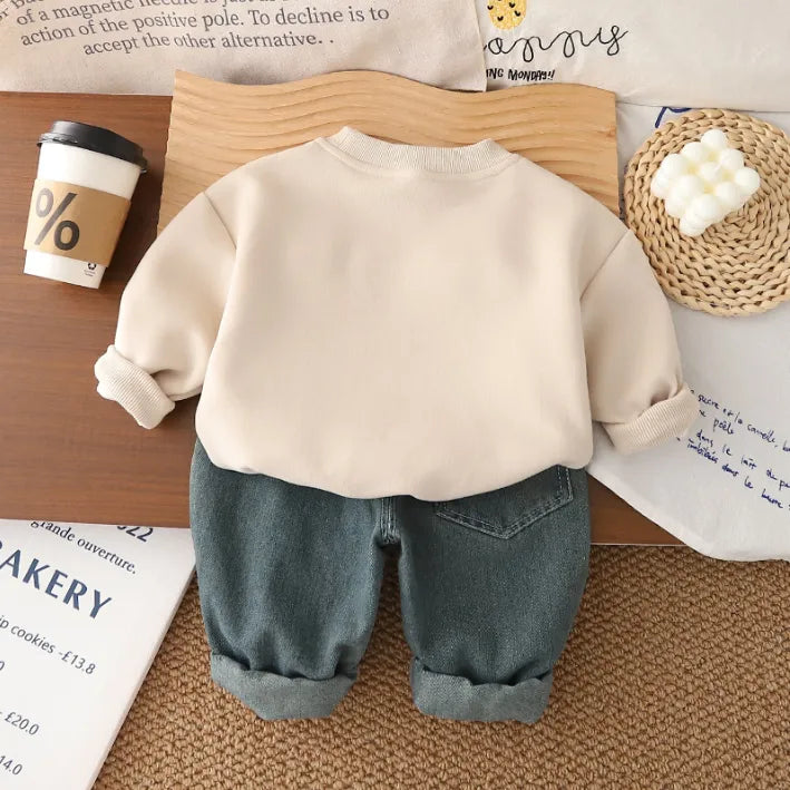 2 Parça 1-5 Yaş Unisex Sevimli Karakter Baskılı Sweat ve Kot Pantolon Takımı