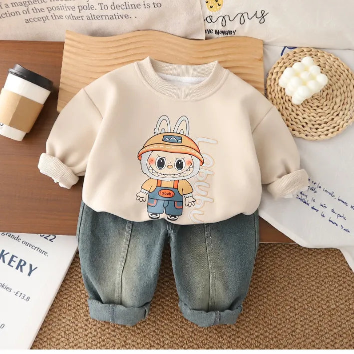 2 Parça 1-5 Yaş Unisex Sevimli Karakter Baskılı Sweat ve Kot Pantolon Takımı