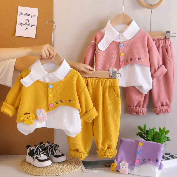 2 Parça 1-5 Yaş Kız Renkli Düğmeli Gömlek Detaylı Çocuk Takımı (3 Renk)