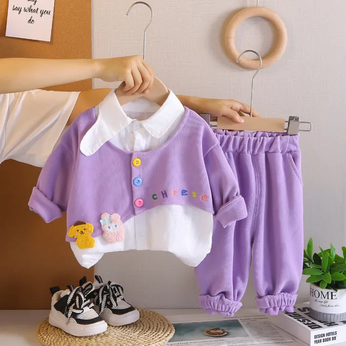 2 Parça 1-5 Yaş Kız Renkli Düğmeli Gömlek Detaylı Çocuk Takımı (3 Renk)