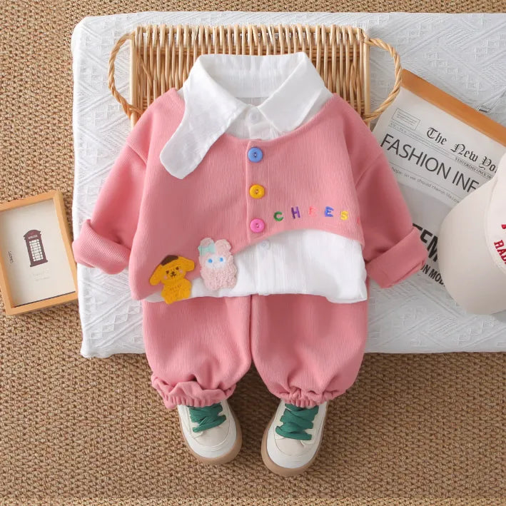 2 Parça 1-5 Yaş Kız Renkli Düğmeli Gömlek Detaylı Çocuk Takımı (3 Renk)