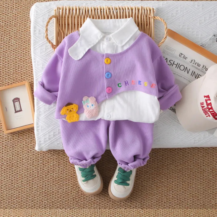 2 Parça 1-5 Yaş Kız Renkli Düğmeli Gömlek Detaylı Çocuk Takımı (3 Renk)