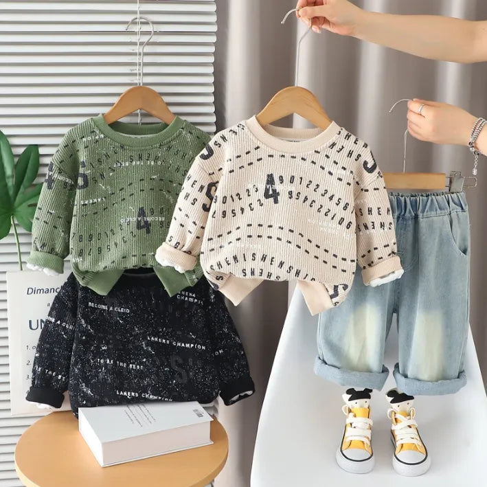 2 Parça 1-5 Yaş Erkek Rakam Baskılı Sweat ve Kot Pantolon Takımı (3 Renk)