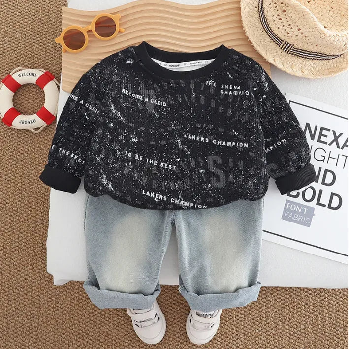 2 Parça 1-5 Yaş Erkek Rakam Baskılı Sweat ve Kot Pantolon Takımı (3 Renk)