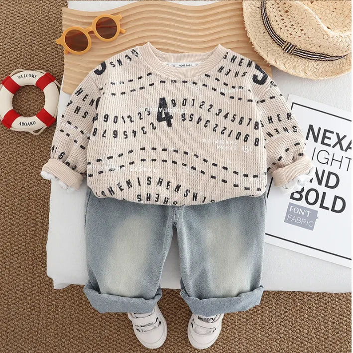 2 Parça 1-5 Yaş Erkek Rakam Baskılı Sweat ve Kot Pantolon Takımı (3 Renk)