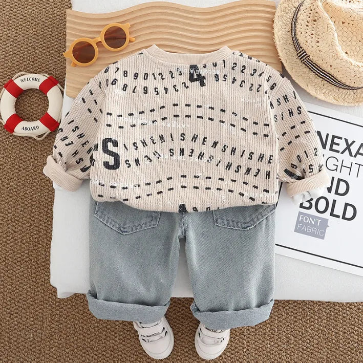 2 Parça 1-5 Yaş Erkek Rakam Baskılı Sweat ve Kot Pantolon Takımı (3 Renk)