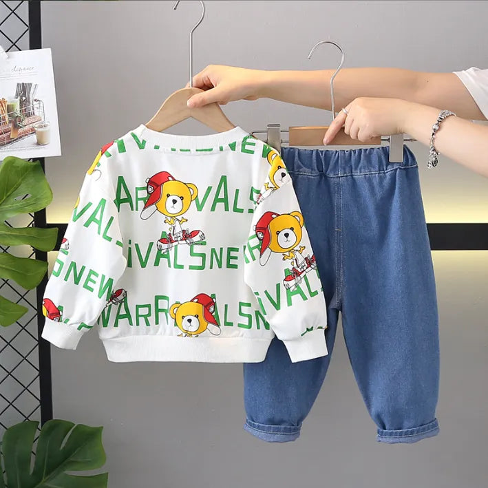 2 Parça 1-5 Yaş Unisex Ayıcık Baskılı Sweat ve Kot Pantolon Takımı