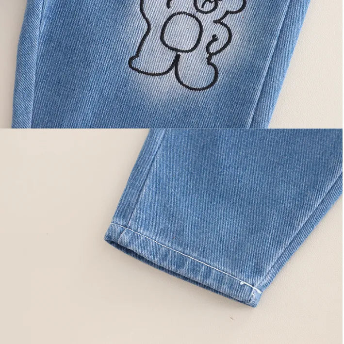 2 Parça 1-5 Yaş Unisex Ayıcık Baskılı Sweat ve Kot Pantolon Takımı