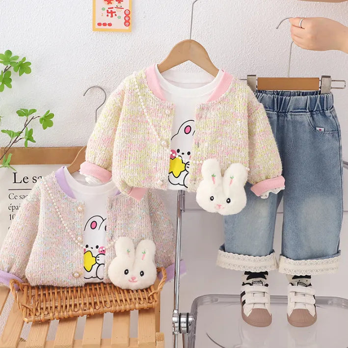 3 Parça 1-5 Yaş Kız Tavşan Desenli Hırkalı Kot Pantolon Takımı