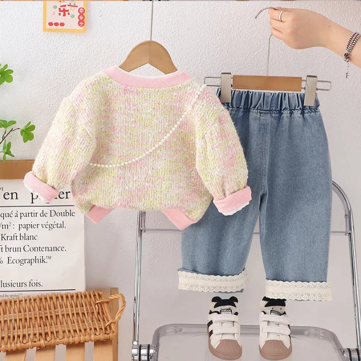 3 Parça 1-5 Yaş Kız Tavşan Desenli Hırkalı Kot Pantolon Takımı