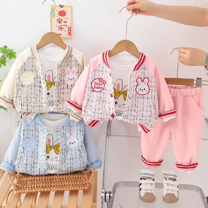 3 Parça 1-5 Yaş Kız Hello Rabbit Desenli Hırkalı Çocuk Takımı (3 Renk)