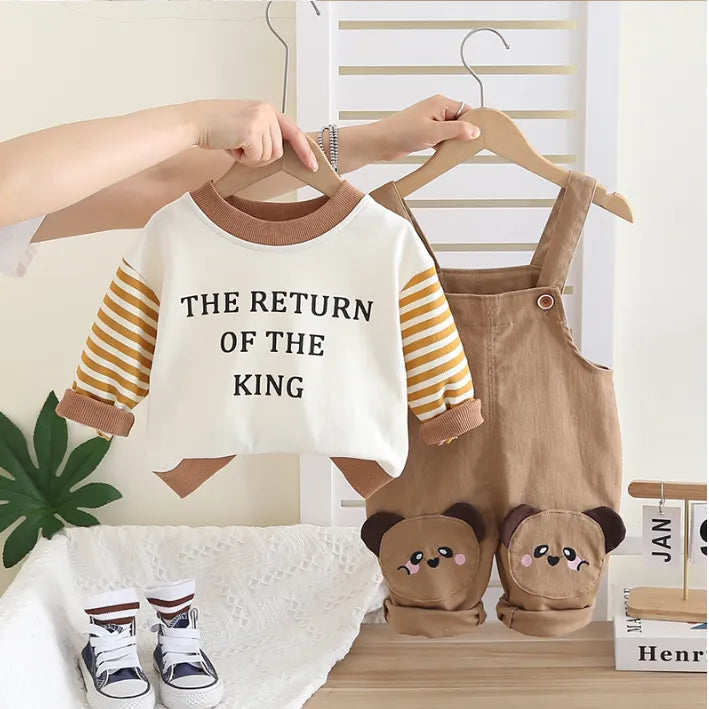 2 Parça 1-5 Yaş Unisex Ayıcık Dizli Salopet ve Çizgili Sweat Takımı