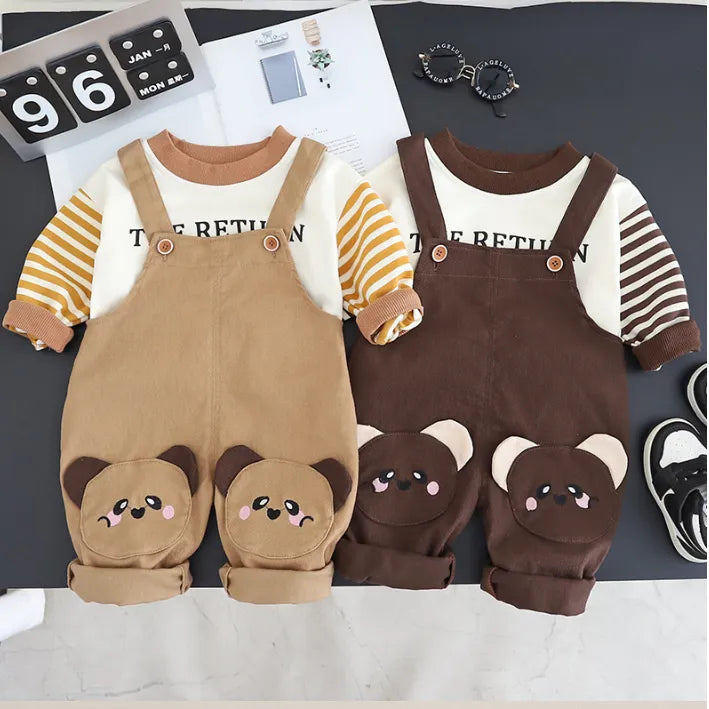 2 Parça 1-5 Yaş Unisex Ayıcık Dizli Salopet ve Çizgili Sweat Takımı