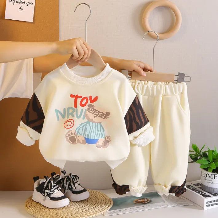2’li 1-5 Yaş Unisex Ayıcık Baskılı Sweat ve Pantolon Takımı (3 Renk)