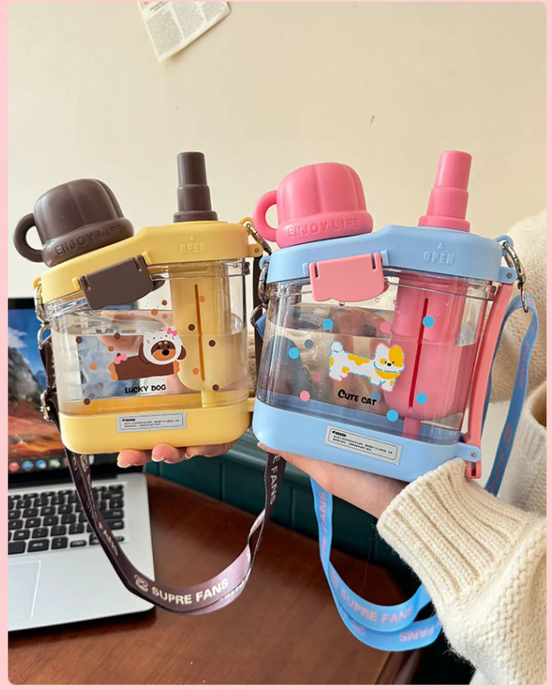 Çocuklara Özel Omuz Askılı Çift Pipetli Matara – 600 ml (3 Renk)