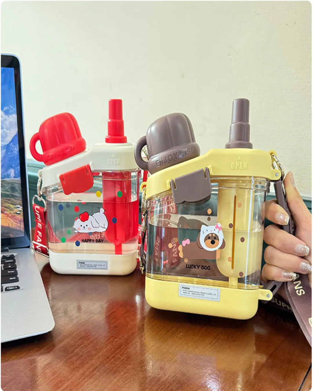 Çocuklara Özel Omuz Askılı Çift Pipetli Matara – 600 ml (3 Renk)