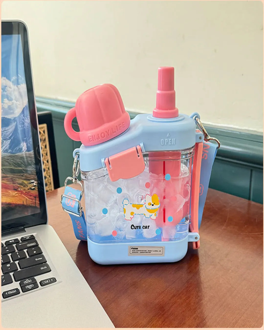 Çocuklara Özel Omuz Askılı Çift Pipetli Matara – 600 ml (3 Renk)