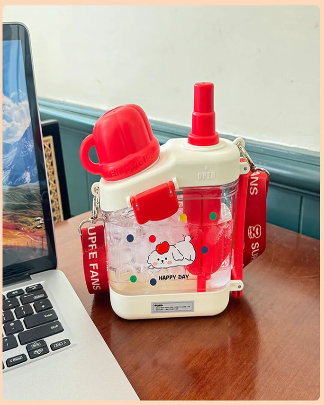 Çocuklara Özel Omuz Askılı Çift Pipetli Matara – 600 ml (3 Renk)