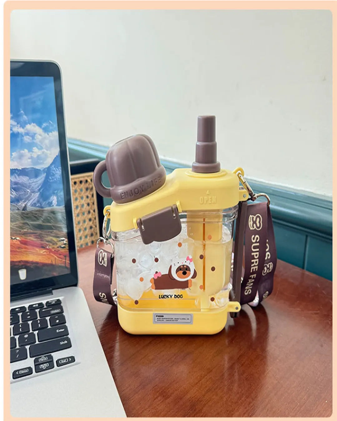 Çocuklara Özel Omuz Askılı Çift Pipetli Matara – 600 ml (3 Renk)