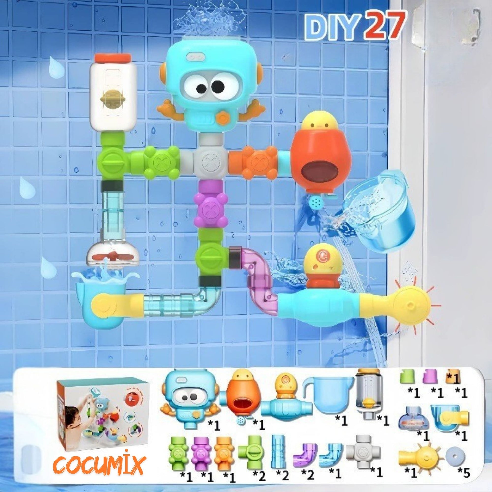 Robot Başlıklı Duvara Monteli Su Oyuncağı – 27 Parçalı Banyo Eğlencesi