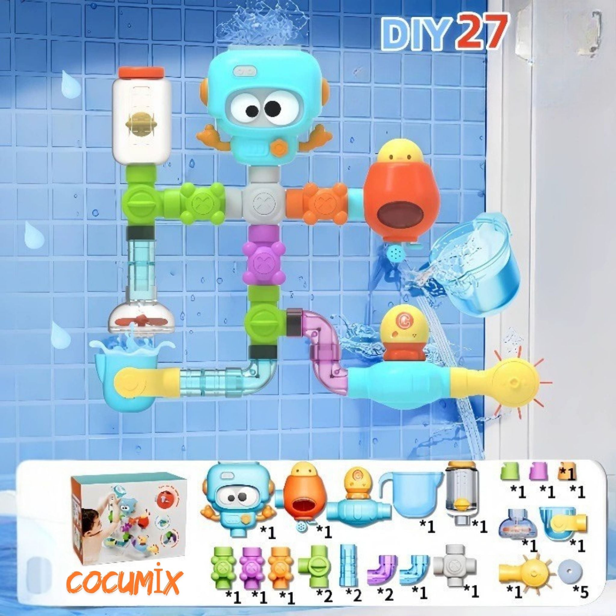 Robot Başlıklı Duvara Monteli Su Oyuncağı – 27 Parçalı Banyo Eğlencesi