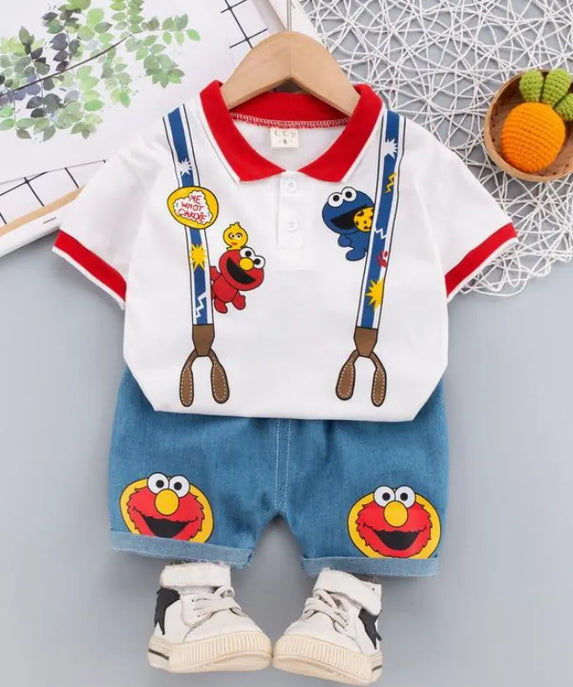 Askılı Desenli Elmo Kot Şortlu Takım (1-5 Yaş)