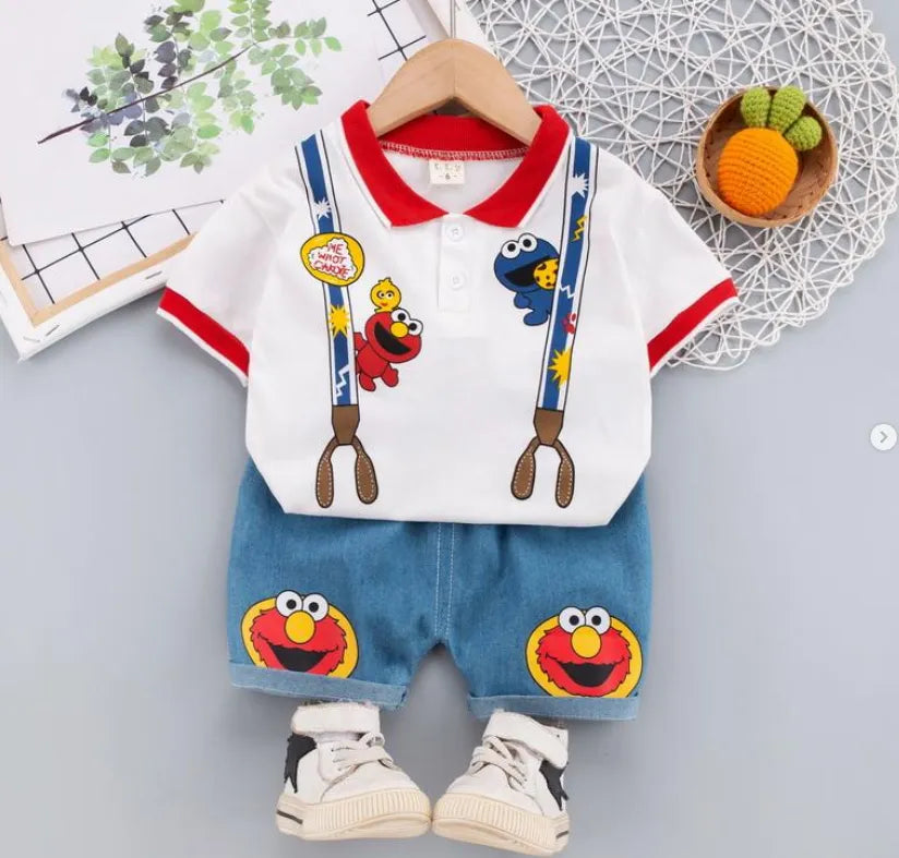 Askılı Desenli Elmo Kot Şortlu Takım (1-5 Yaş)