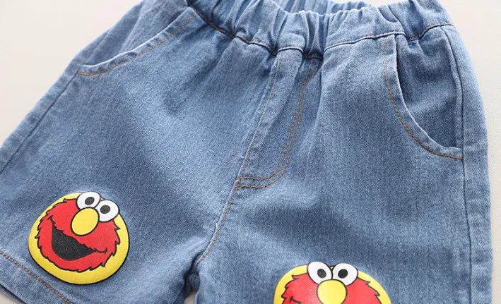 Askılı Desenli Elmo Kot Şortlu Takım (1-5 Yaş)