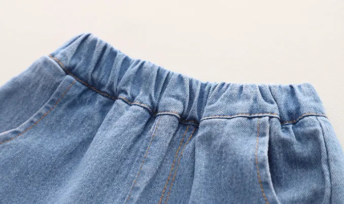 Askılı Desenli Elmo Kot Şortlu Takım (1-5 Yaş)