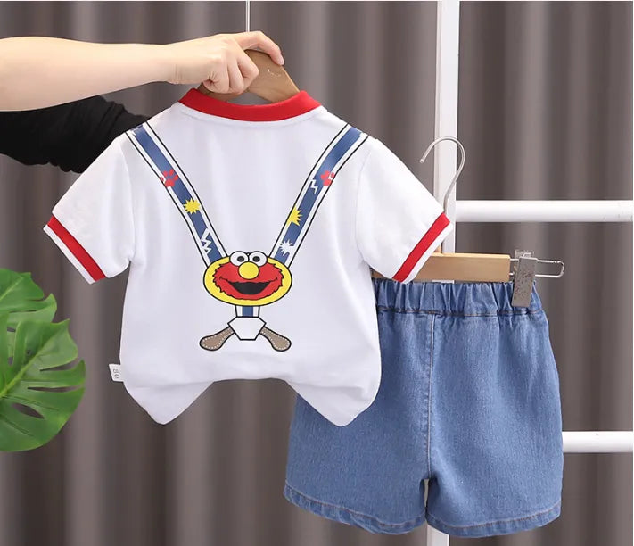 Askılı Desenli Elmo Kot Şortlu Takım (1-5 Yaş)