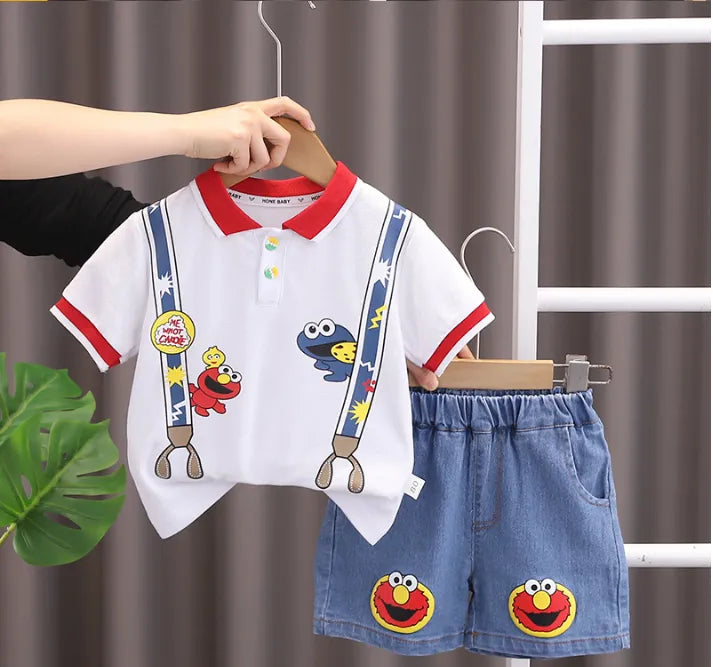 Askılı Desenli Elmo Kot Şortlu Takım (1-5 Yaş)