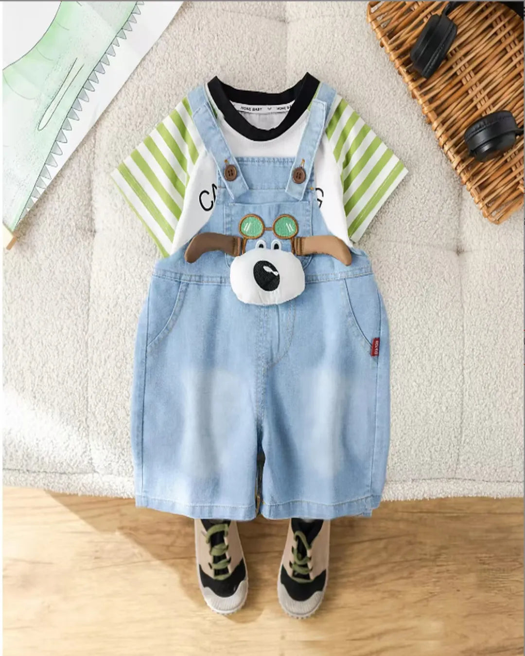 3D Köpek Detaylı Kot Tulum ve Çizgili Tişört 2’li Takım (Unisex)