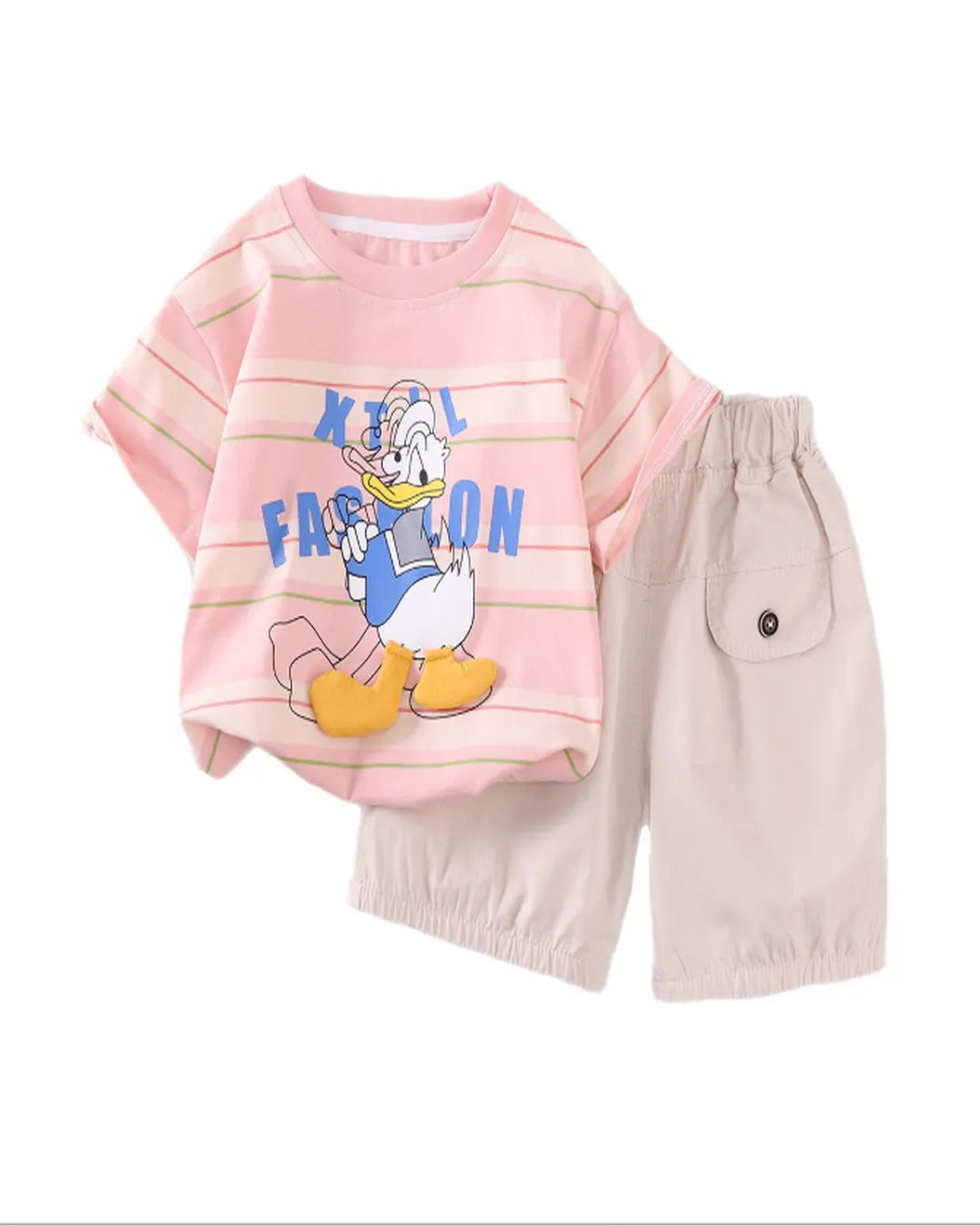 Pembe Çizgili Baskılı Tişört ve Cepli Şort 2’li Yazlık Takım (Unisex)